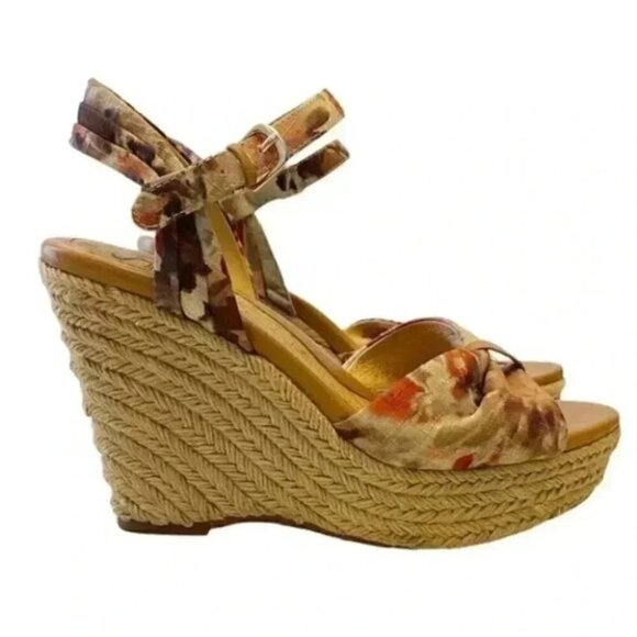 Softt Peggie Platform Wedge Espadrilles Sandals Jute Tan Brown Floral Size 9.5 - Picture 1 of 15